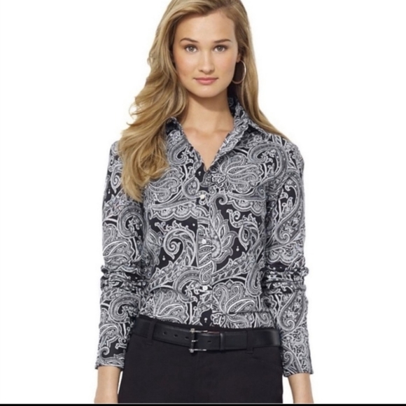 Lauren Ralph Lauren Tops - Ralph Lauren Black Paisley Non-Iron Button Front Shirt Women's Medium
